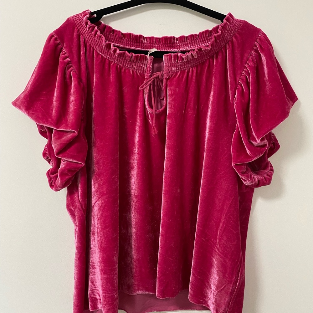 Free People Pink Velvet Blouse Teresa Boho Festival XL Crop Bubble - Picture 2 of 10